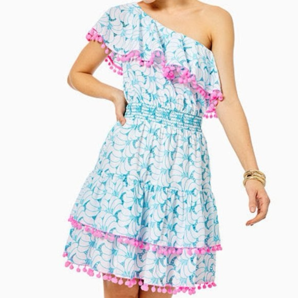 Lilly Pulitzer One-Shoulder Blue and Pink Ruffle Dress